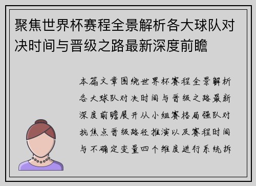 聚焦世界杯赛程全景解析各大球队对决时间与晋级之路最新深度前瞻 聚焦世界杯赛程全景解析各大球队对决时间与晋级之路最新深度前瞻